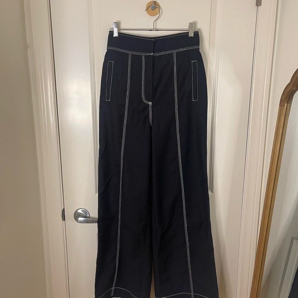 Acler Black Wide Leg Pants with White Stitching - Picture 7 of 8
